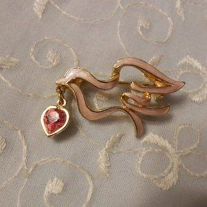 Pink Enamel Dove w Pink Rhinestone Heart Dangle Vintage Brooch
